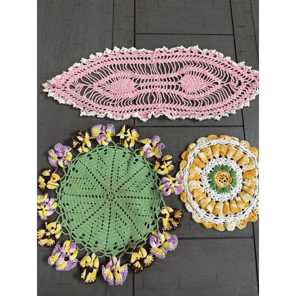 Handmade Crochet Dollies Pink, Purple, Yellow Vintage, Lot of 3